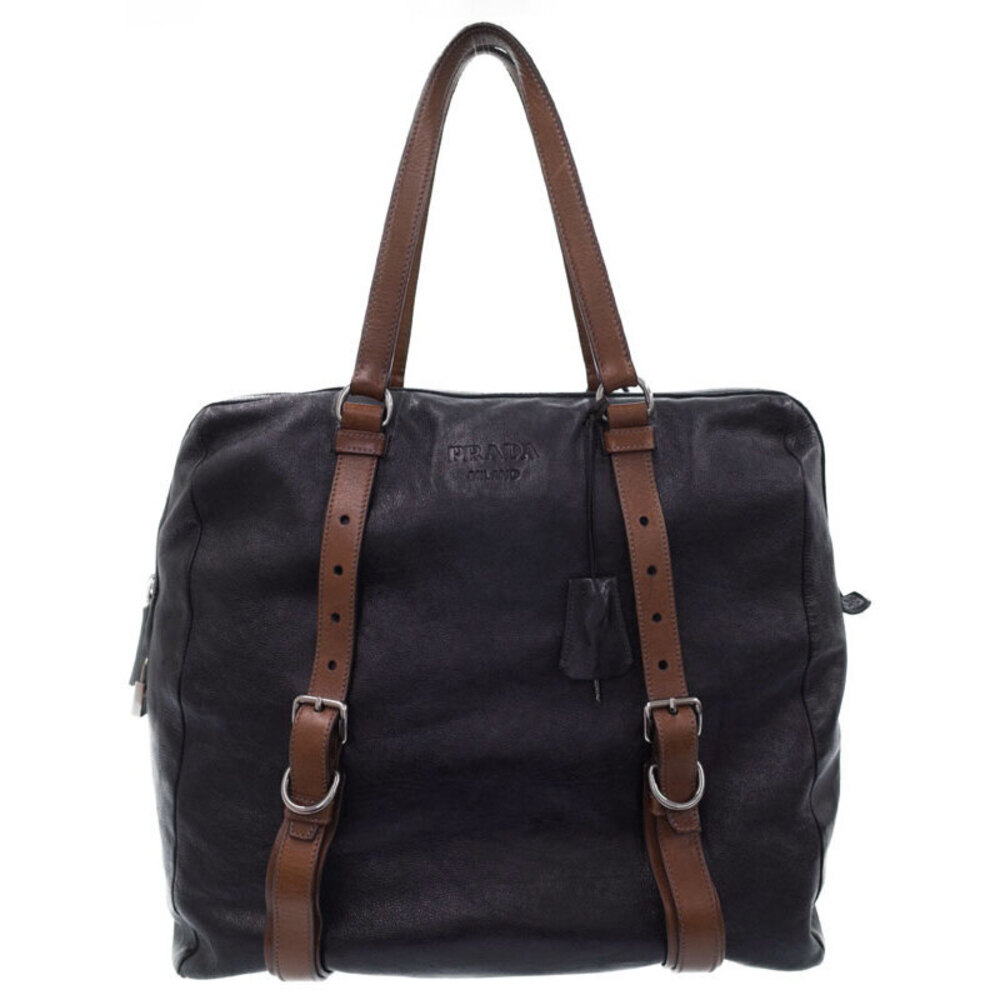 Prada Weekender Glace Leather Shoulder Brown Black Bag Calf - Picture 2 of 9